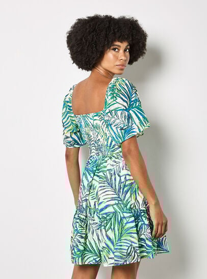 Palm Print Cotton Broderie Mini Dress