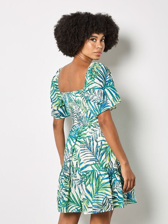 Palm Print Cotton Broderie Mini Dress, White, large