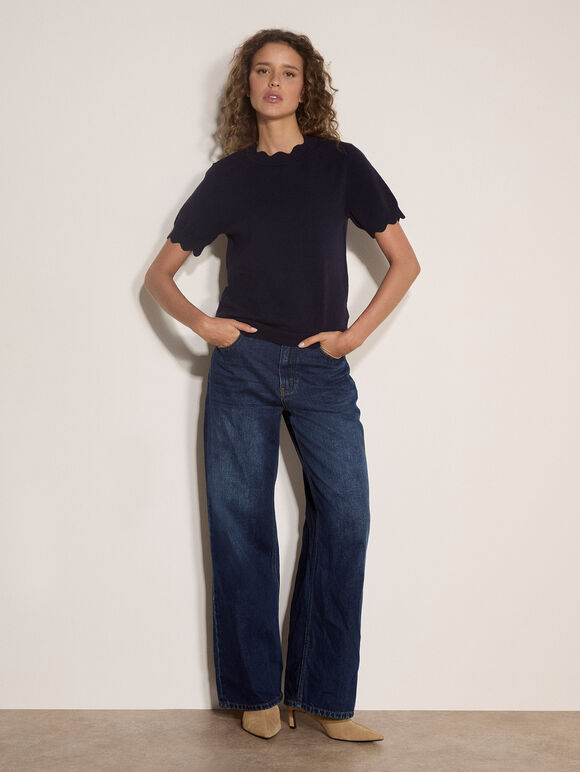 Scallop Knitted T-Shirt, Navy, large