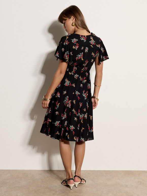 Botanical Floral Smocked Midi Dress, Black, large