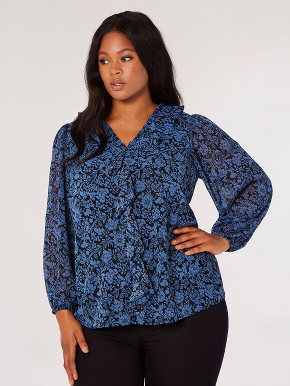 Curve Floral Silhouette Ruffle Blouse, Blue, large