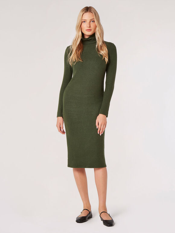 Roll Neck Knit Midi Dress, Green, large