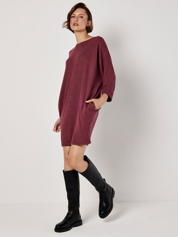Ribbed Cocoon Mini Dress, Burgundy, large