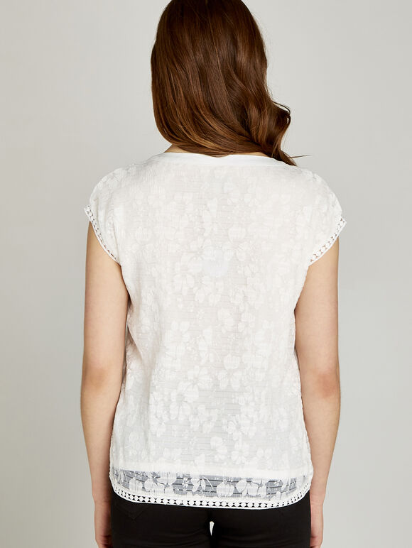 White Sheer Crinkle Crochet Trim Top, White, large
