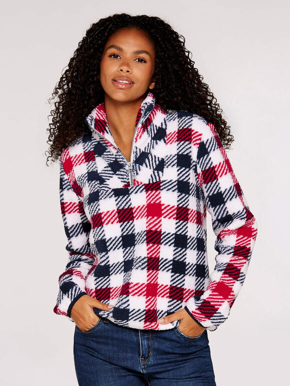 Graphic Check Zipped Fleece Jumper, Red, large
