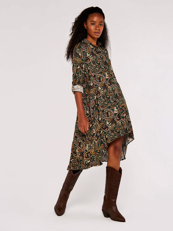 Paisley Shirt Mini Dress, Green, large