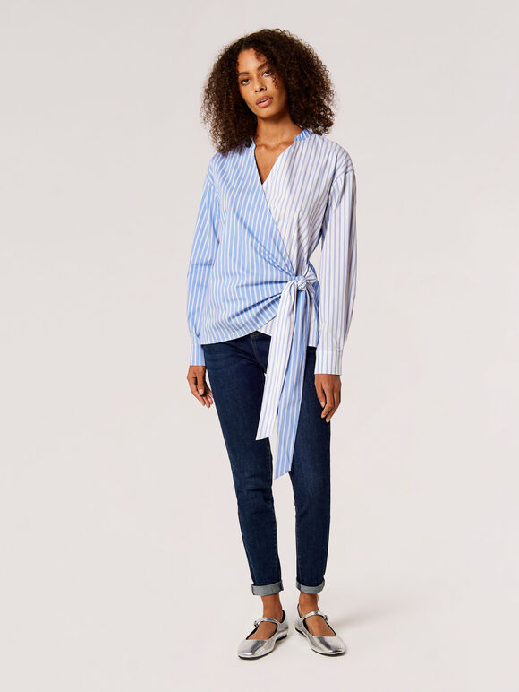 Contrast Stripe Wrap Shirt, Blue, large