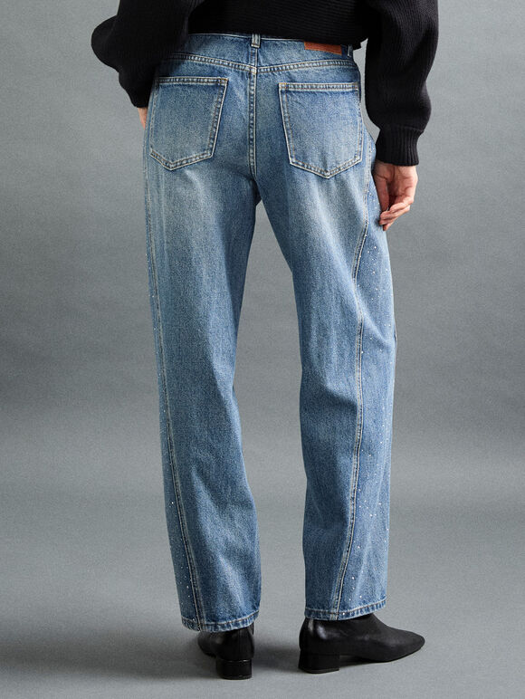 Ayla Rhinestone Panel Barrel Jeans, Blue, large