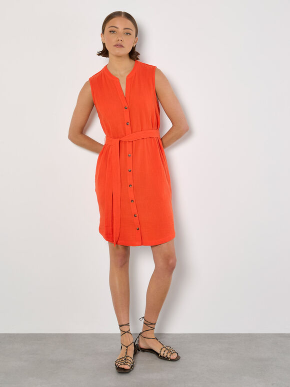 Textured Cotton Button Down Mini Dress, Orange, large