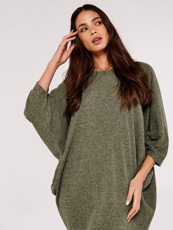 Ribbed Cocoon Mini  Dress, Khaki, large
