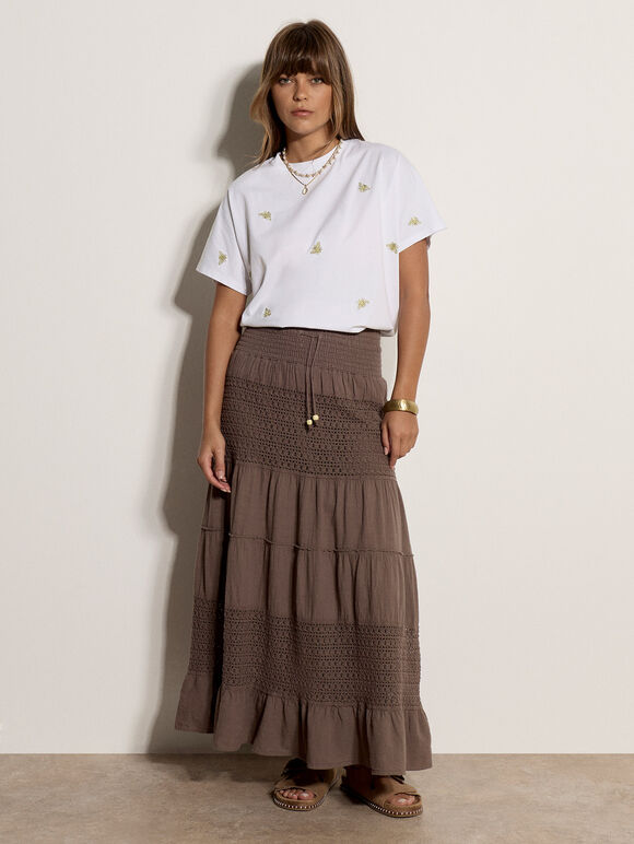 Crochet Tiered Maxi Skirt, Stone, large