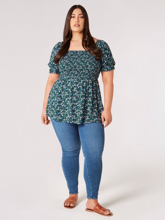 Curve Daisy Floral Milkmaid Top, Green, large