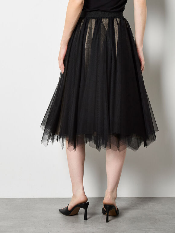 Reversible Tulle Stripe Knit Midi Skirt, Black, large