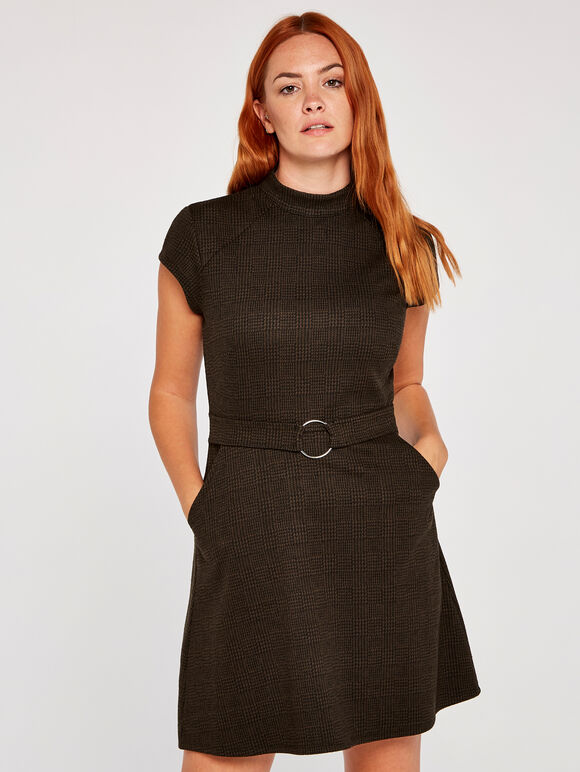 Dogtooth Squared Jacquard Dress, Brown, large