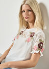 Floral Embroidered Ruffle Sleeve Cotton Top, White, large