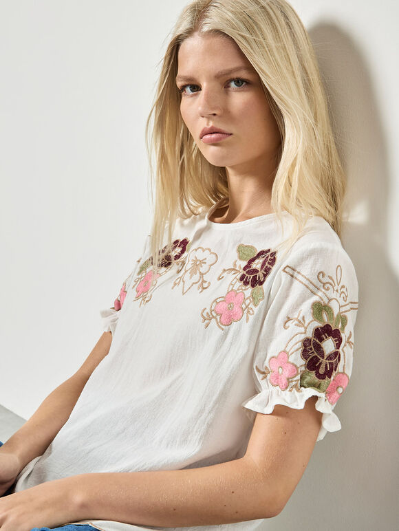 Floral Embroidered Ruffle Sleeve Cotton Top, White, large