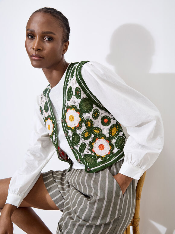 Floral Crochet Waistcoat, Green, large