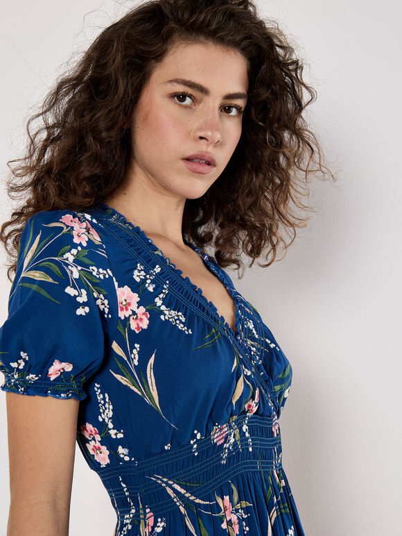 Watercolour Floral Smocked Maxi Dress, Blue, large