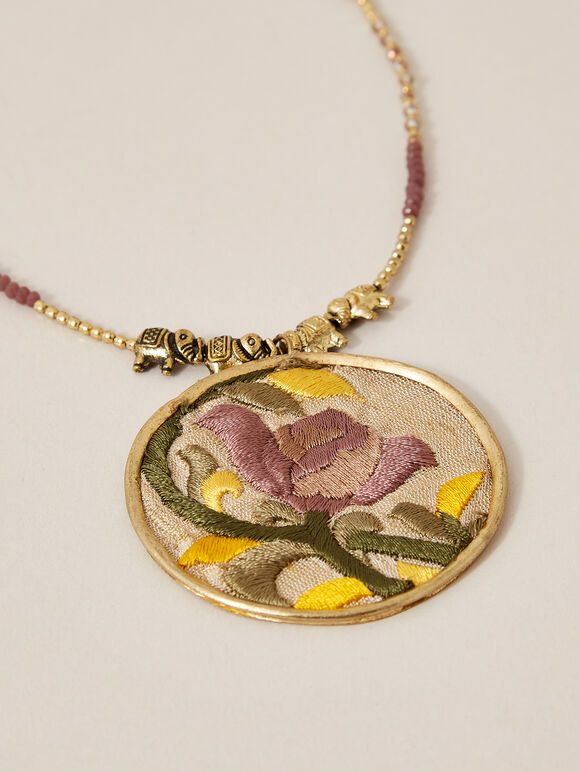 Embroidered Circle Necklace, Yellow, large