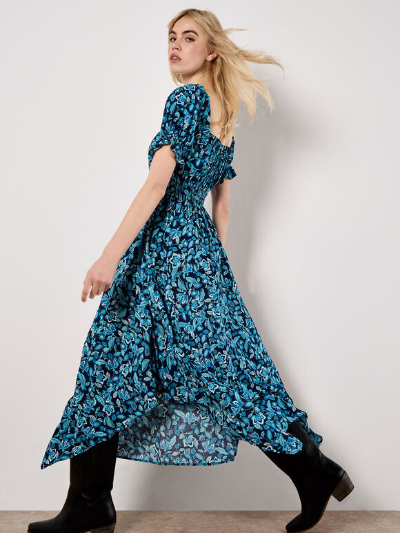 Sarasa Floral Milkmaid Midi Dress, Navy, large