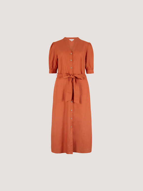 Button Down Linen Blend Midi Dress, Orange, large