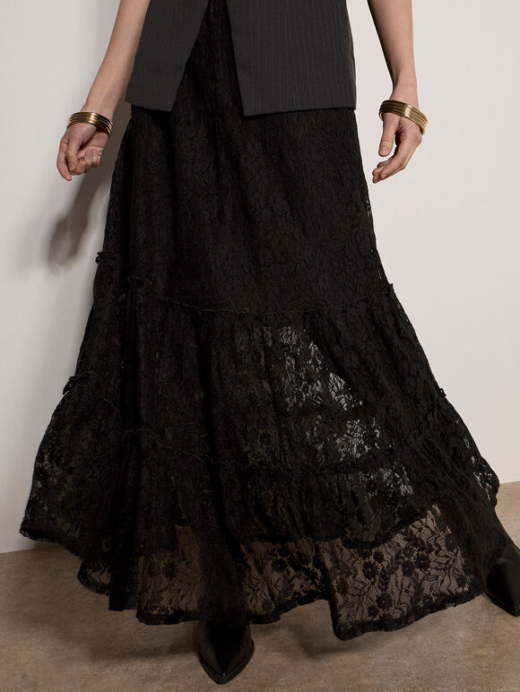 Cotton-Blend Lace Tiered Midi Skirt, Black, large