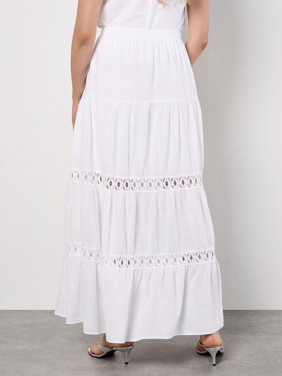 Tiered Crochet Insert Maxi Skirt, White, large