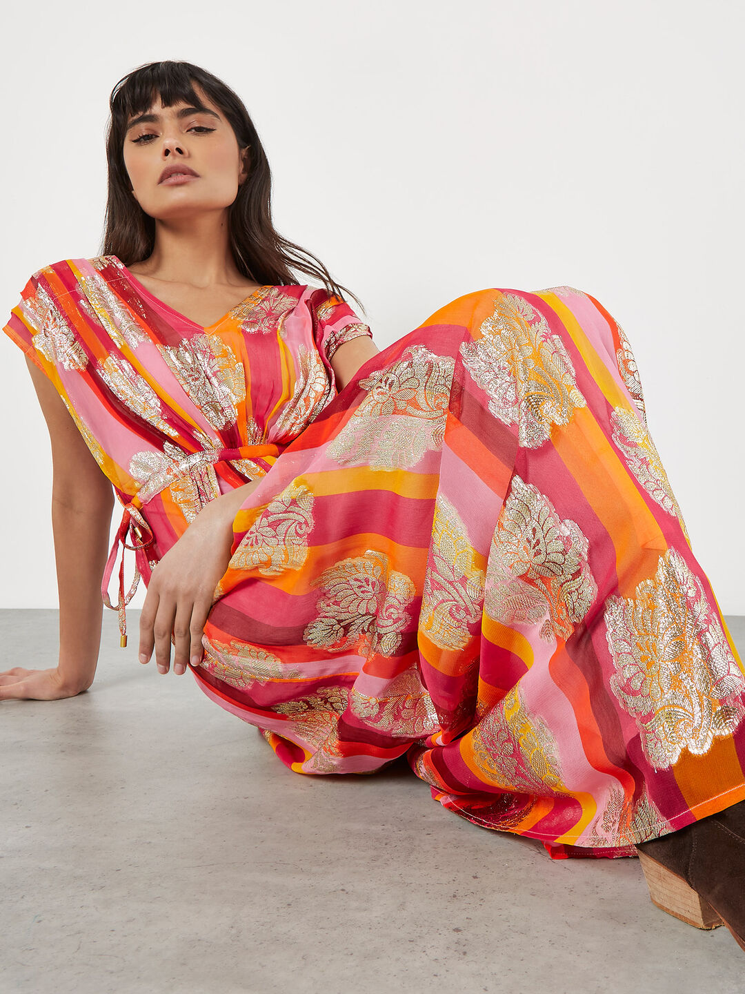 Image of Metallic Leaf Stripe Kimono Maxi Dress