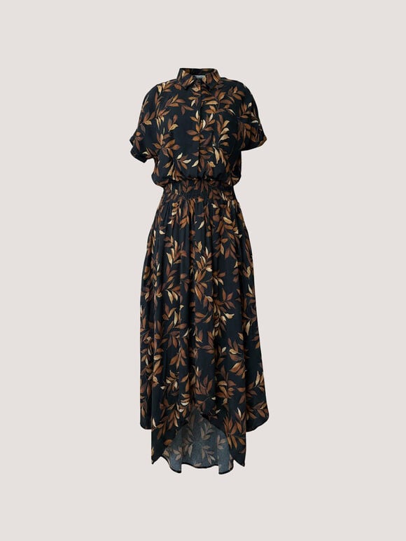 Leaf Print Shirt Midi Dress, Rust, large