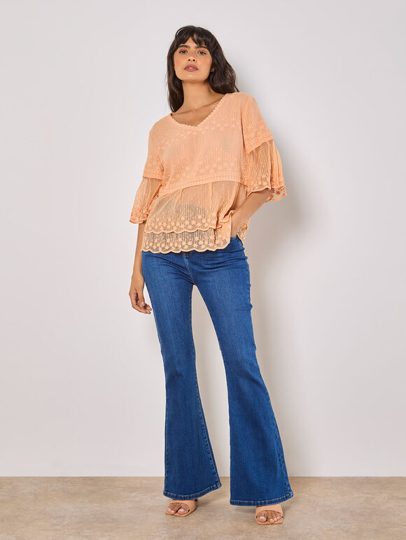Embroidered Cotton Mesh Blouse, Peach, large