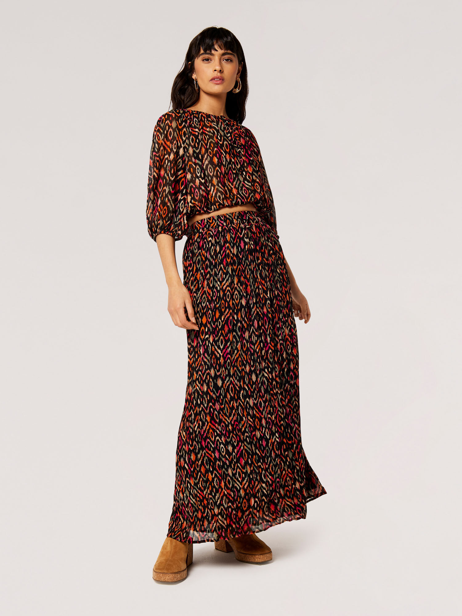 Pleated Chiffon Ikat Maxi Skirt