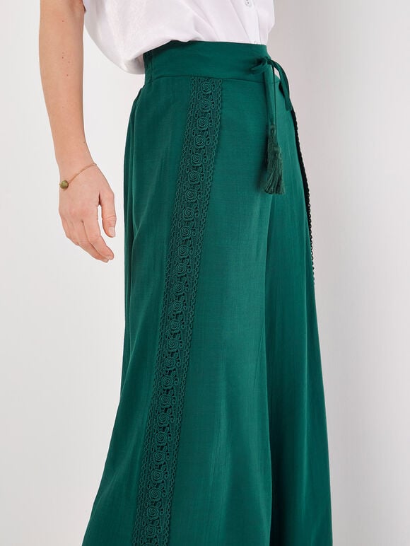 Lace Detail Front Split Wrap Trousers, Green, large