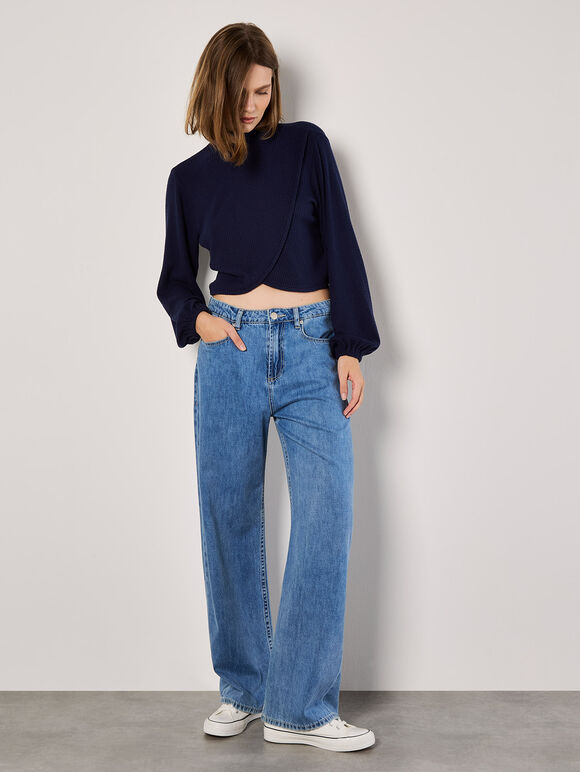 Waffle Knit Wrap Top, Navy, large