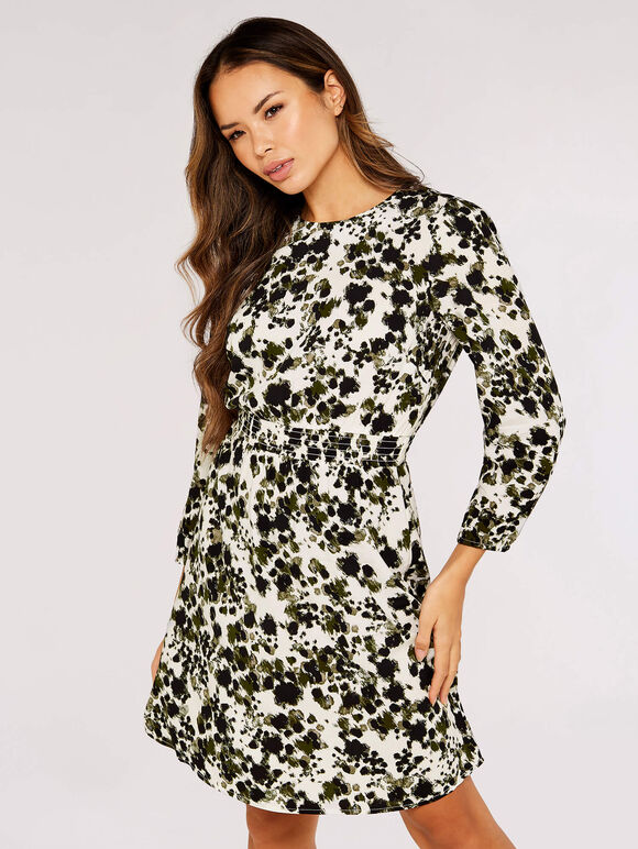Brushstroke Smock Mini Dress, Khaki, large