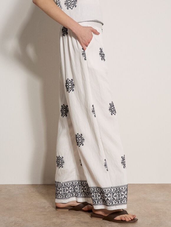 Paisley Embroidered Wide-Leg Trousers, White, large