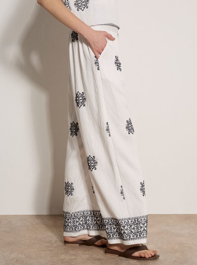 Paisley Embroidered Wide-Leg Trousers, White, large
