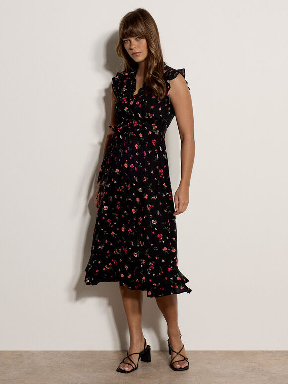 Ditsy Floral Ruffle Midi Dress, Black, large