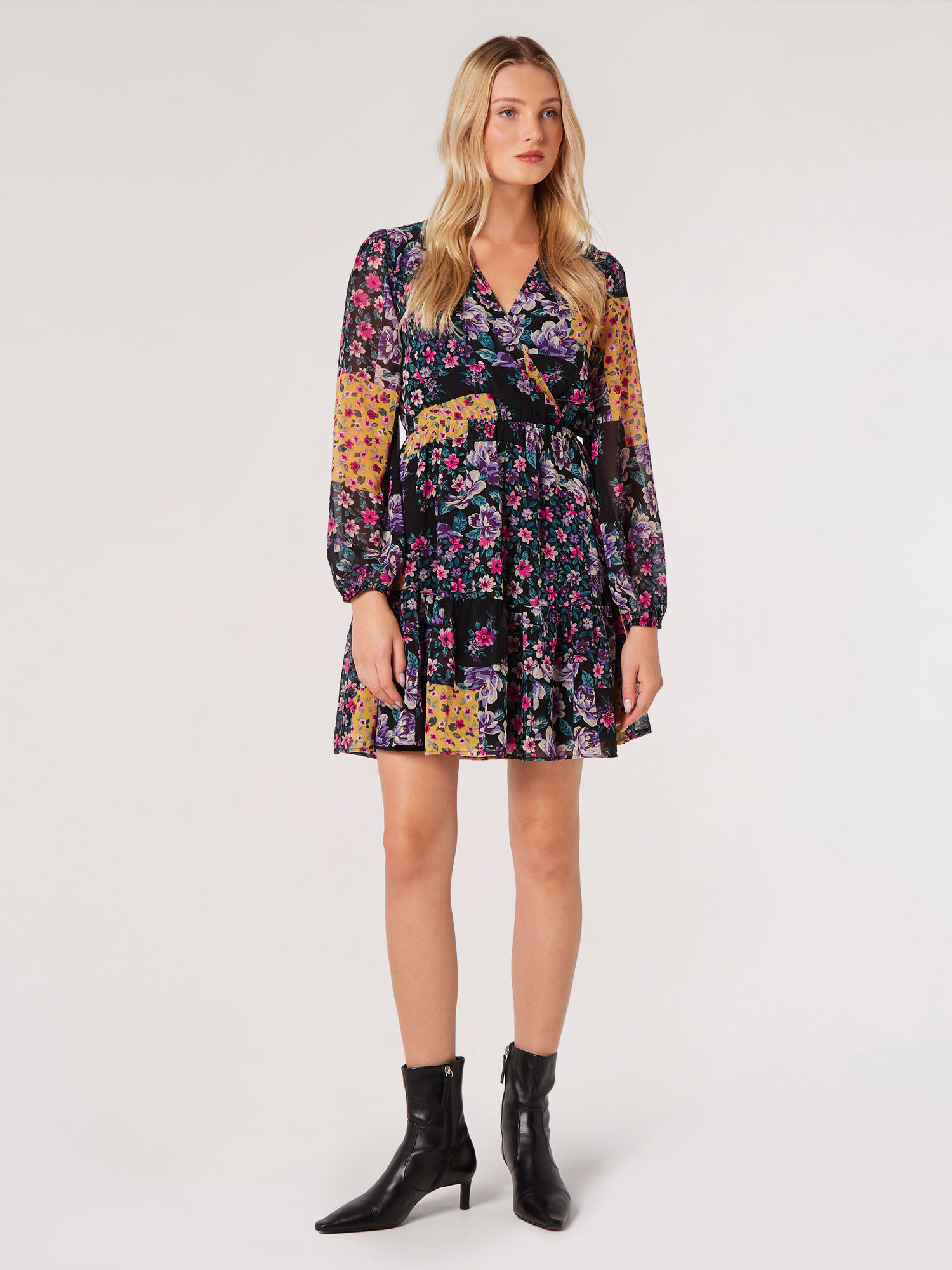 Patchwork Floral Mini Dress Apricot Clothing