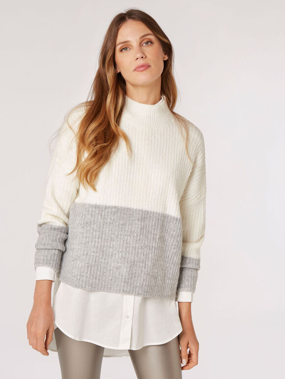 Colour Block Chunky Ribbed  Jumper, Grey, large