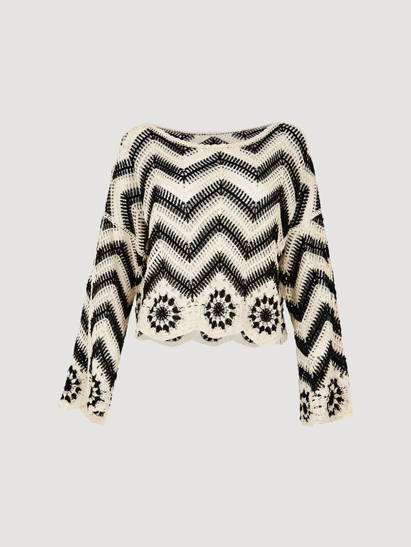 Crochet Chevron Bell Sleeve Top, Black, large