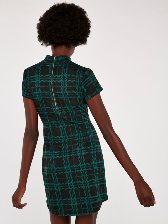 Plaid Knit Jacquard Dress, Black, large