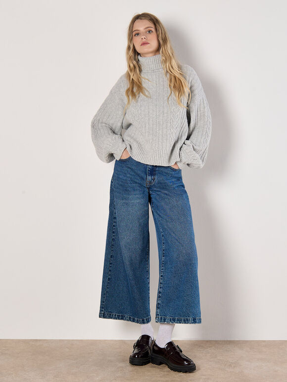 Cable Knit Roll Neck Jumper, Grey, large