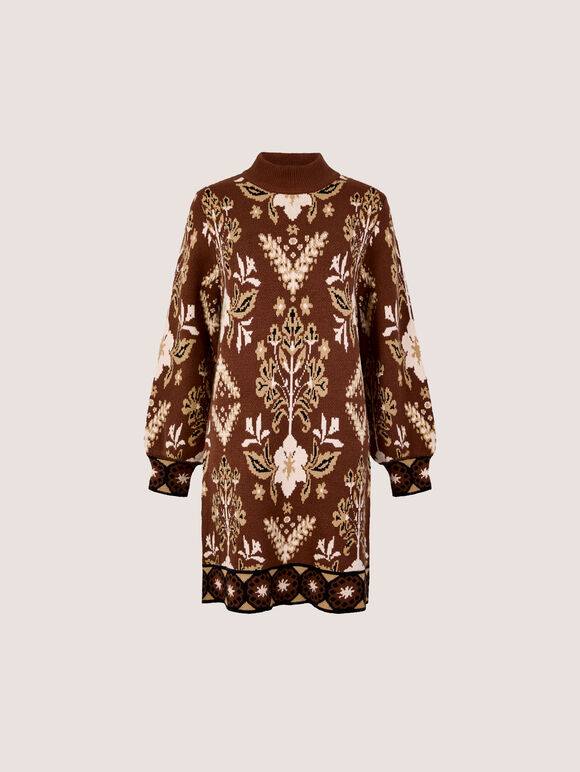 Folk Floral Mini Jumper Dress, Brown, large