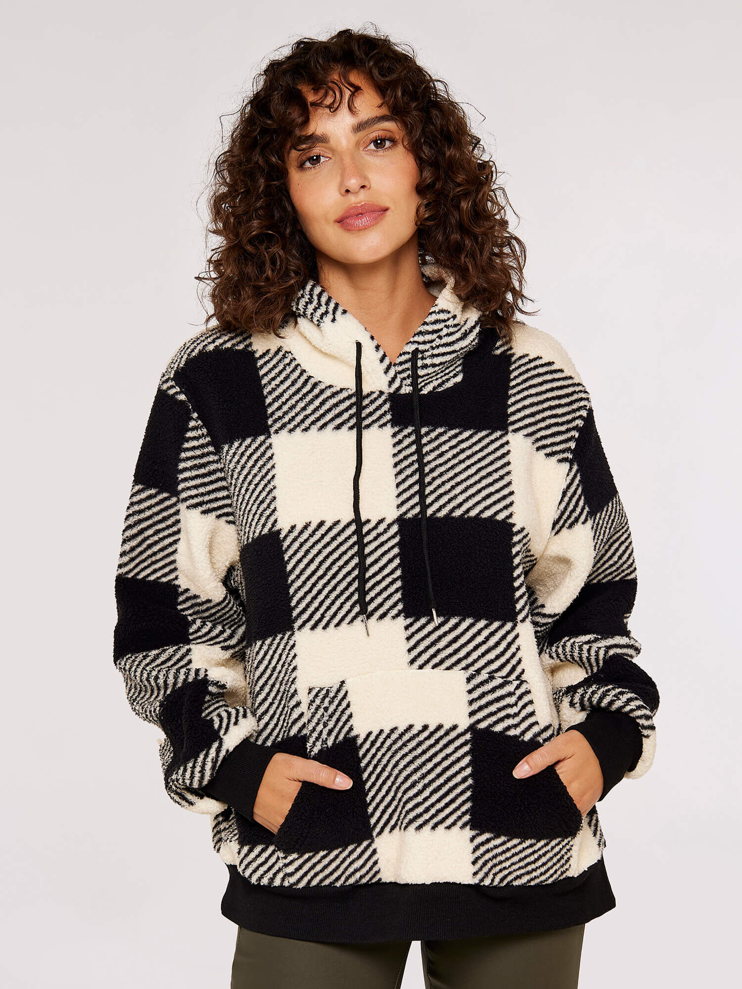 Gingham Check Fleece Hoodie Apricot Clothing