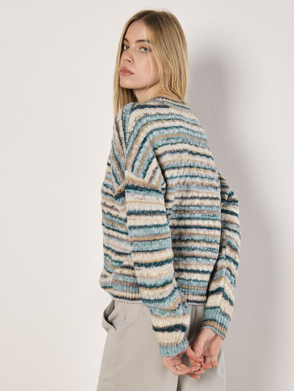 Multicoloured Stripe Aran Jumper, Teal, large