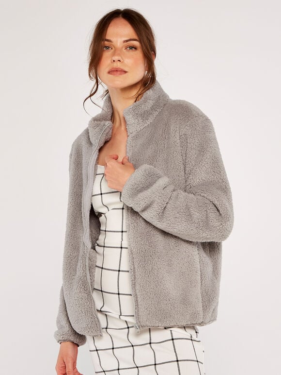Fleece Cardigan, Grey, large