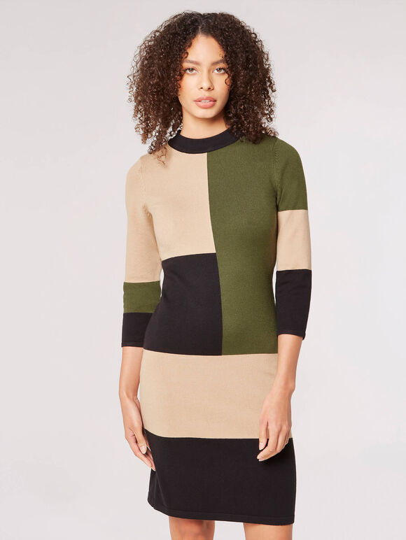 Colour Block Bodycon Mini Dress, Khaki, large
