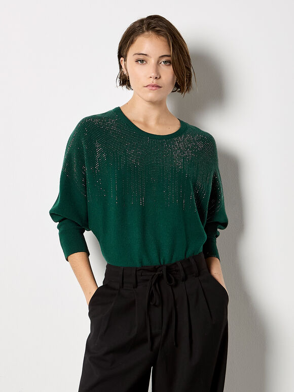 Stud Embellished Batwing Jumper, Green, large