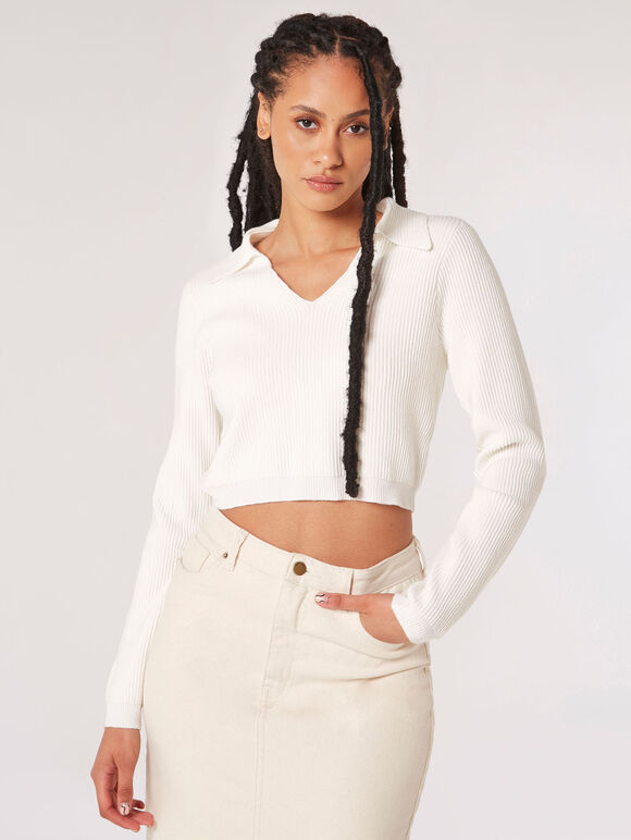 Cropped Ribbed Jersey Knit Jumper, Cream, large