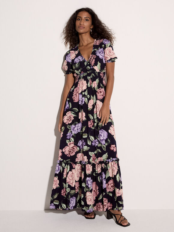 Chloe Floral Wrap Maxi Dress, Navy, large